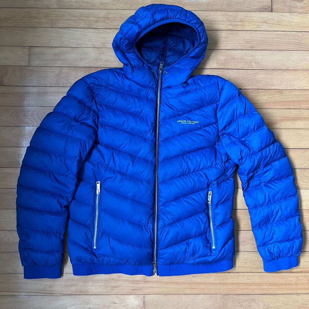 Armani Exchange Mens Royal Blue Hooded Puffer Jacket Chevron Quilted Large
